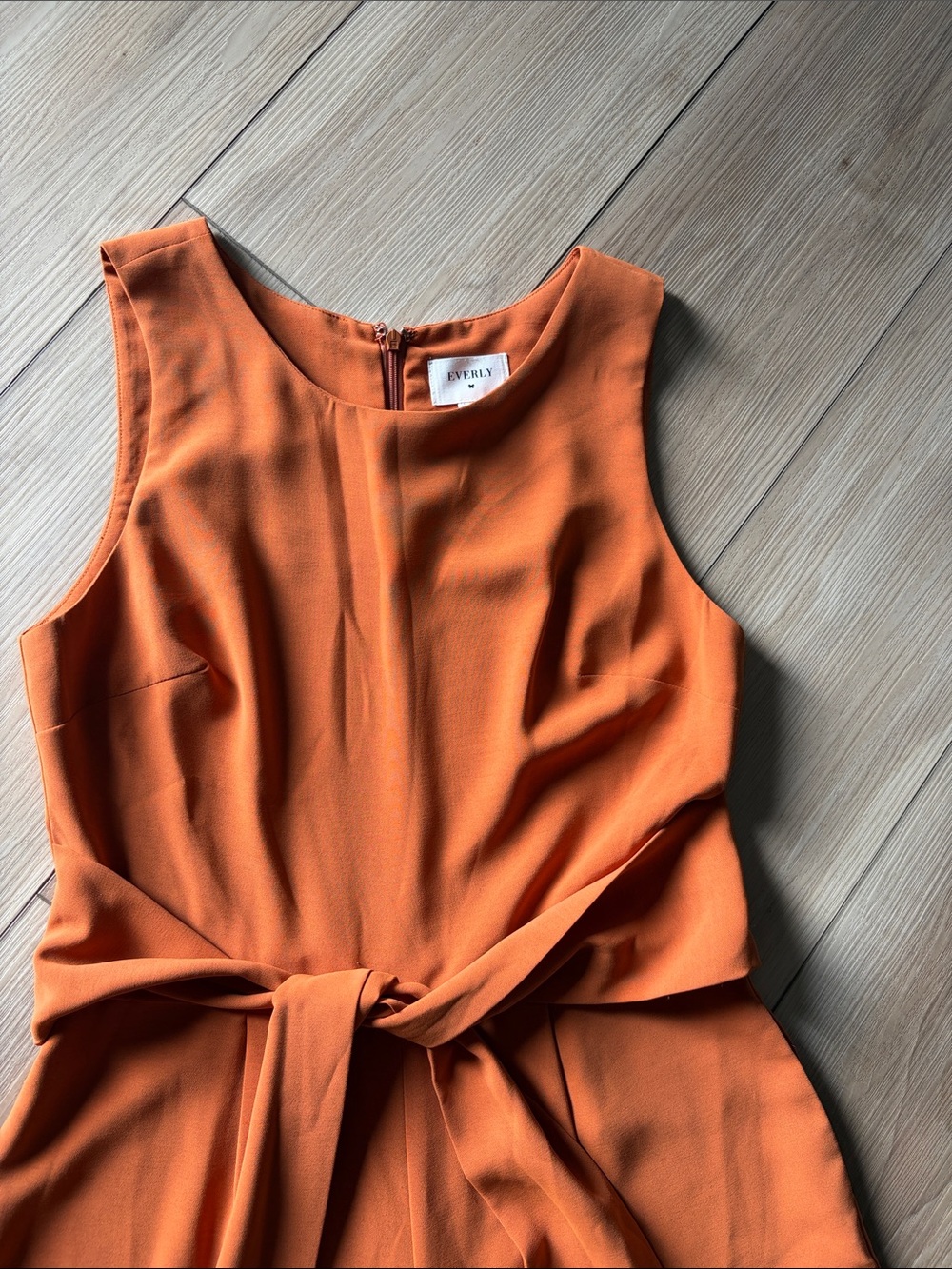 Everly Sleeveless Wide-Leg Jumpsuit in Rust Orange with Self-Tie Waist - Picture 2 of 3